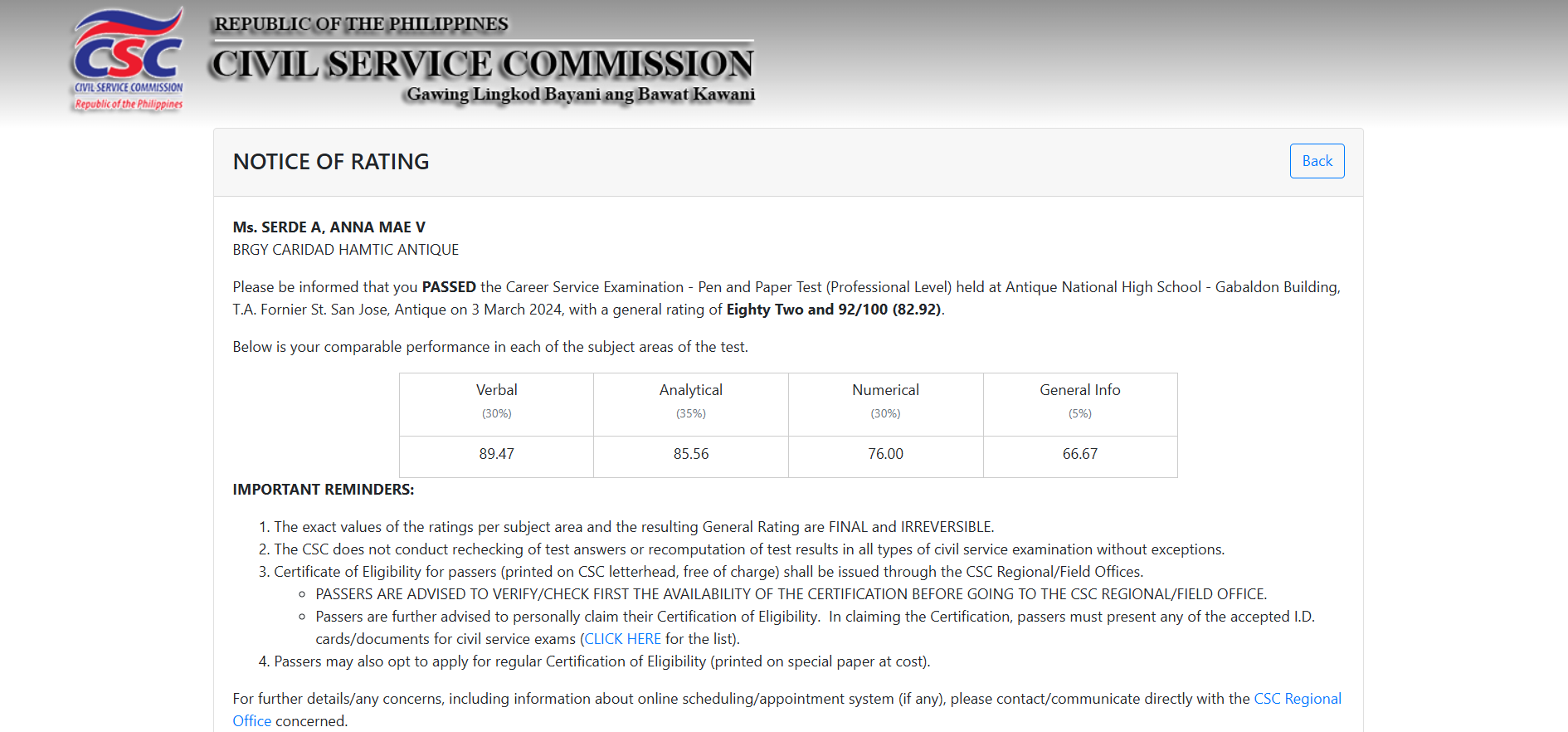 Civil Service Certificate